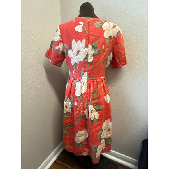 Roolee 100% linen V-neck Fit Flare Women's Red Floral Magnolia Dress Size Small - Picture 11 of 11